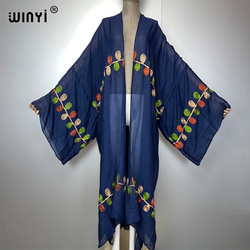 WINYI Embroidery Kimono Bohemian Luxury Beachwear Swim Suit Cover Up Women Cardigan Sexy Holiday Long Coat Abaya Muslim Woman