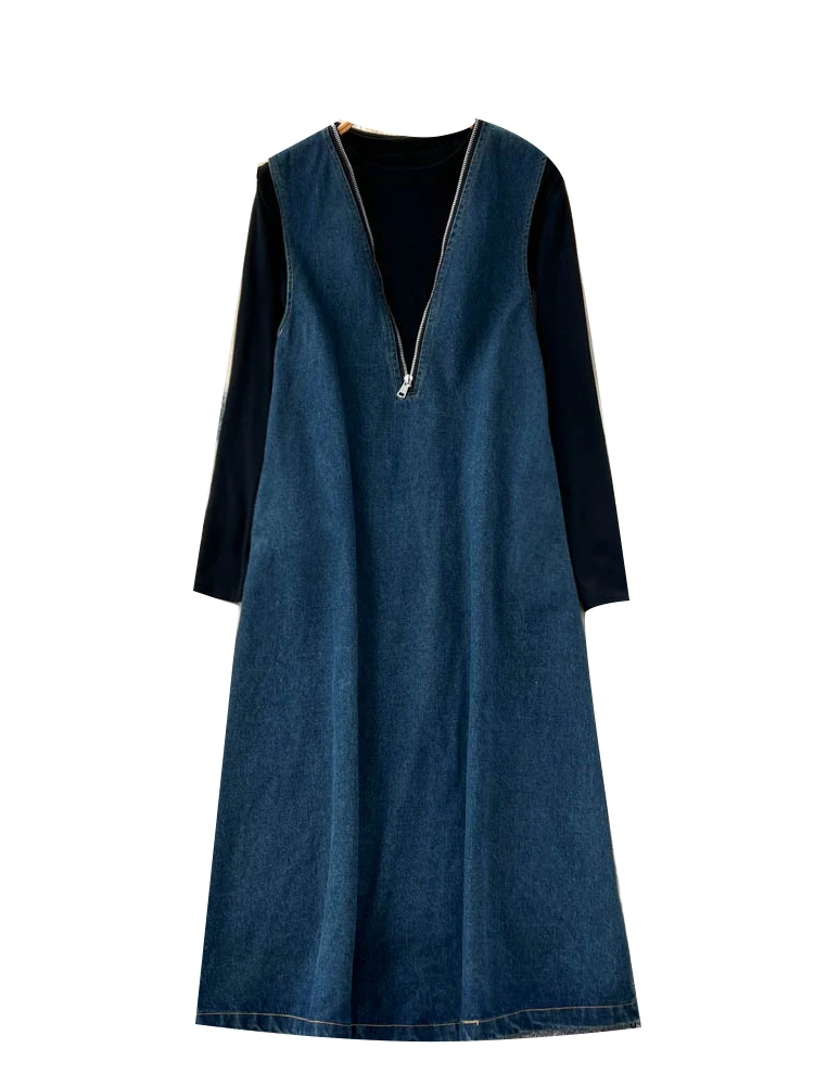 패셔너블한 지퍼 V넥 슬림 데님 베스트 여성용 가을 이너 롱 슬리브 하이웨이스트 스트레이트 컷 출퇴근용...