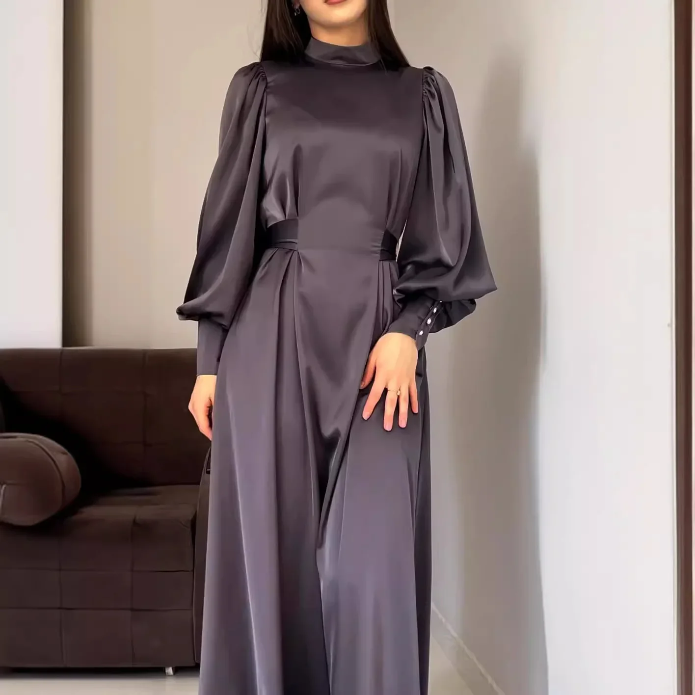 Slim Fit Belt Morocco Party Dresses Solid Color Long Sleeve Muslim Dress Women Ramadan Islam Dubai Abaya Arab Long Dress Vestido