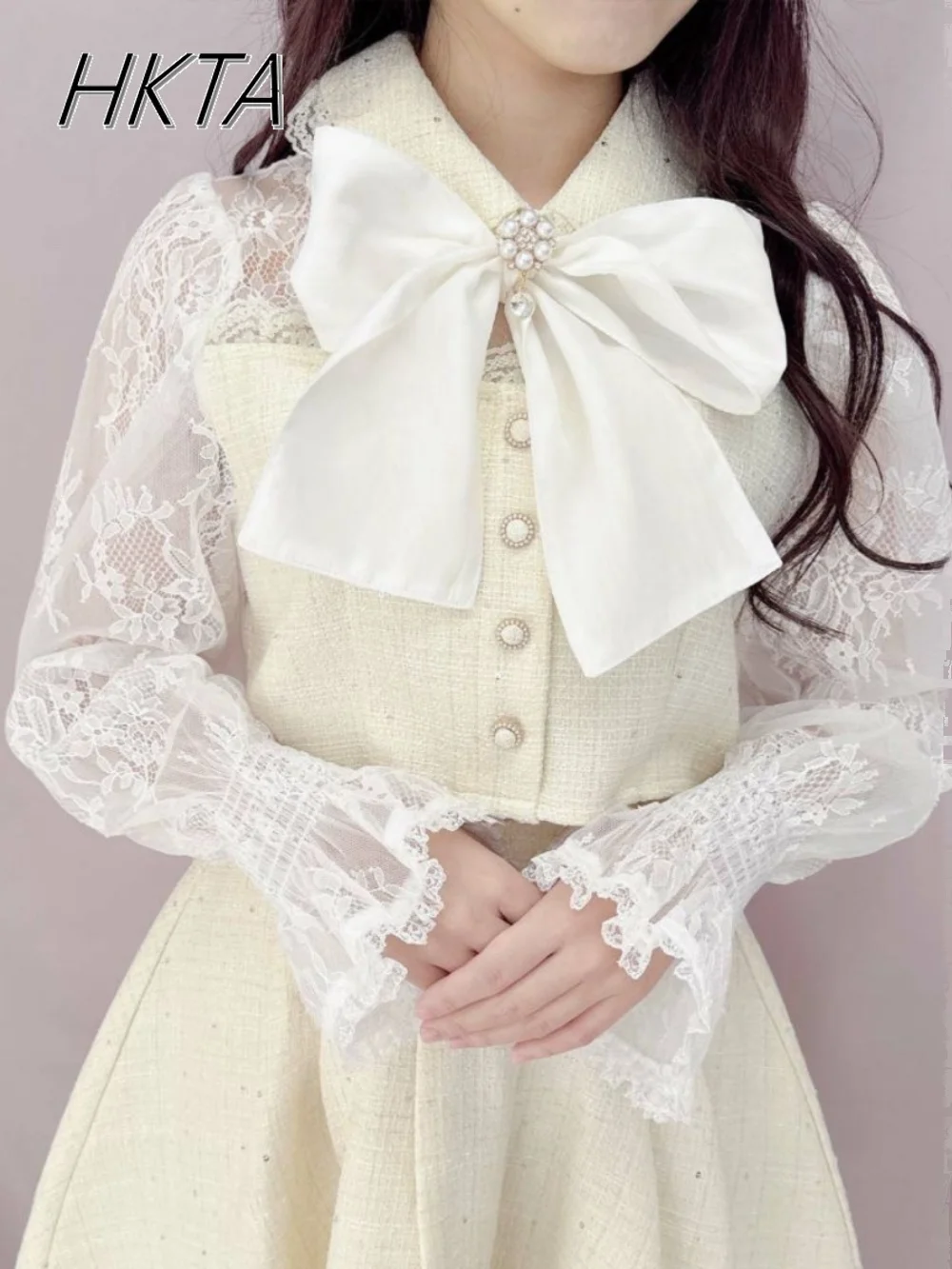 

Japanese Lolita Clothing Tweed Fake Two-piece Blouse Top Lace Splicing Summer Season New Small Flying Sleeves Thin Shirt Jacket