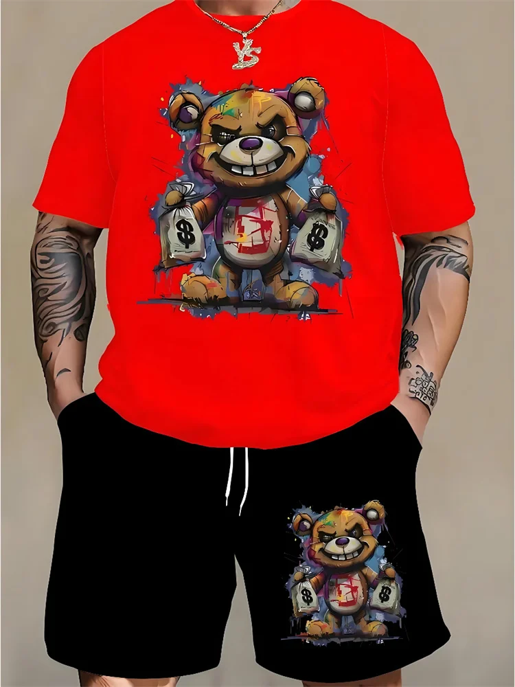 Graffiti Print Cartoon Bear Print Men\'s T-shirt And Shorts Set Casual Everyday Men\'s Short Sleeve Top Outdoor Sports Beach Short