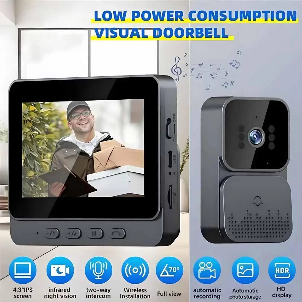 Wireless Intercom Doorbell HD Night Vision 4.3in LPs Screen Waterproof Visual Doorbell Camera Smart Home Security Video By Bell