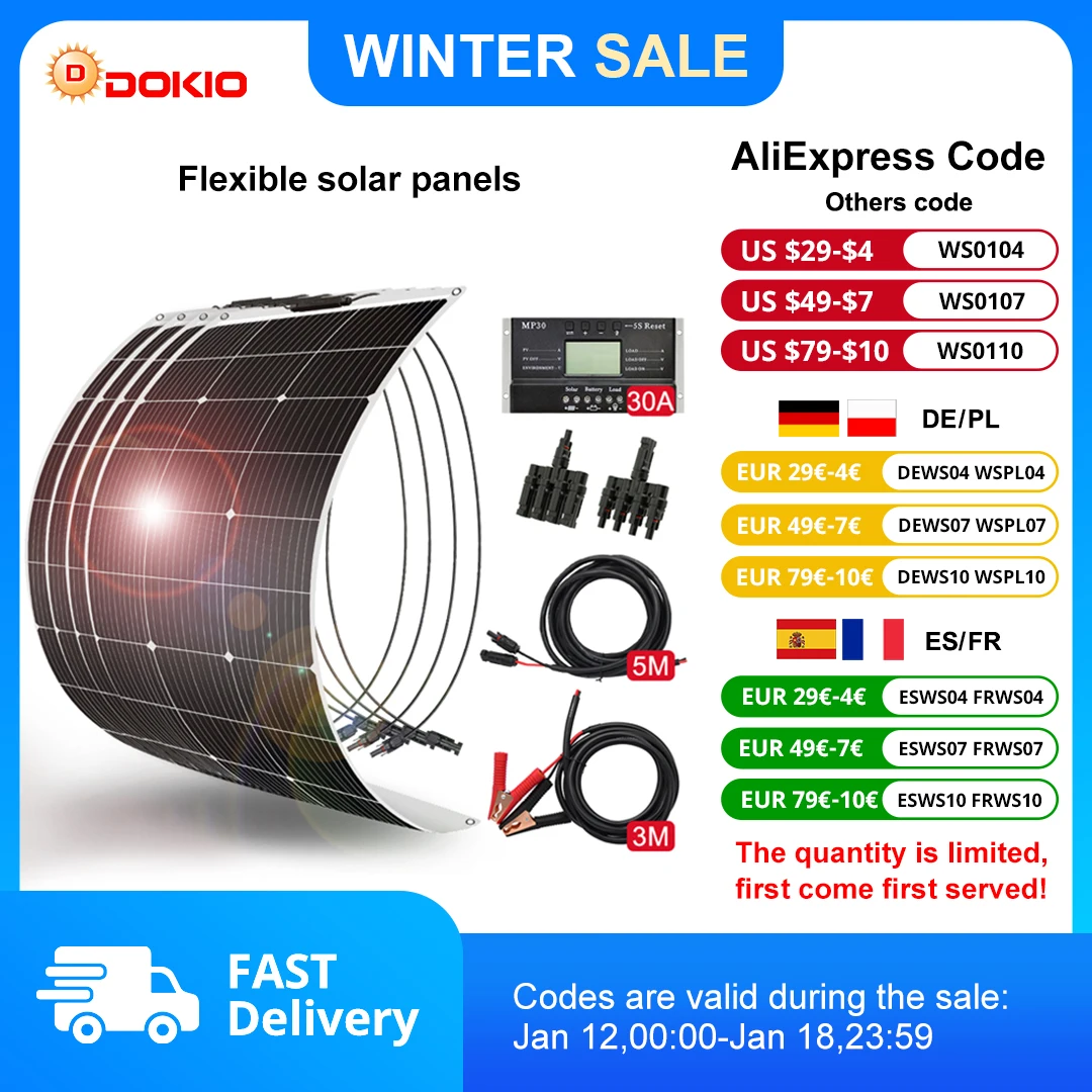 DOKIO 100Wset 200Wset 400Wset 18V pannello solare flessibile impermeabile monocristallino campeggio 12V ricarica della batteria