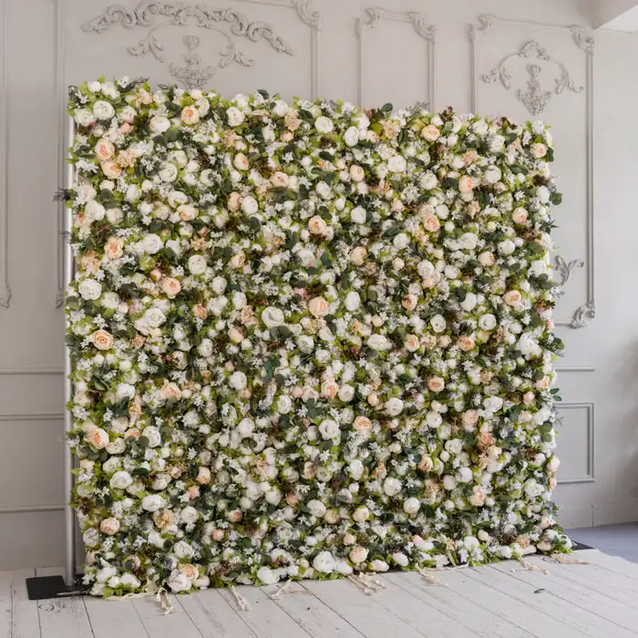 3D Wedding Series White Pink rose green leaf roll cloth artificial plant flower wall Outdoor wedding background decorative wall