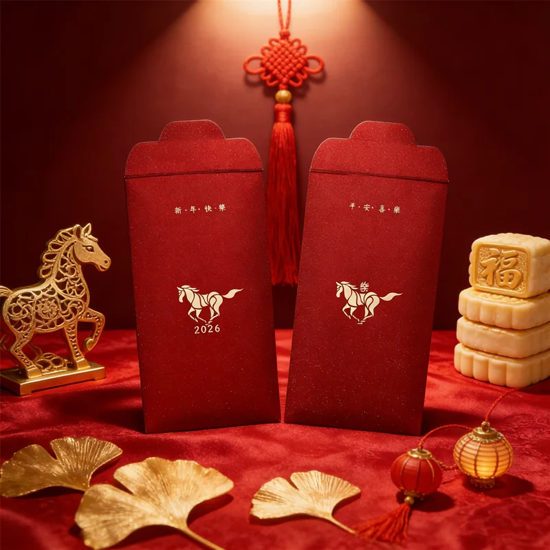 Modern Horse Year Red Packet Set 6pcs Minimalist Red Envelopes for Lucky Money New Year Gift, Festive Hong Bao withSimple Design