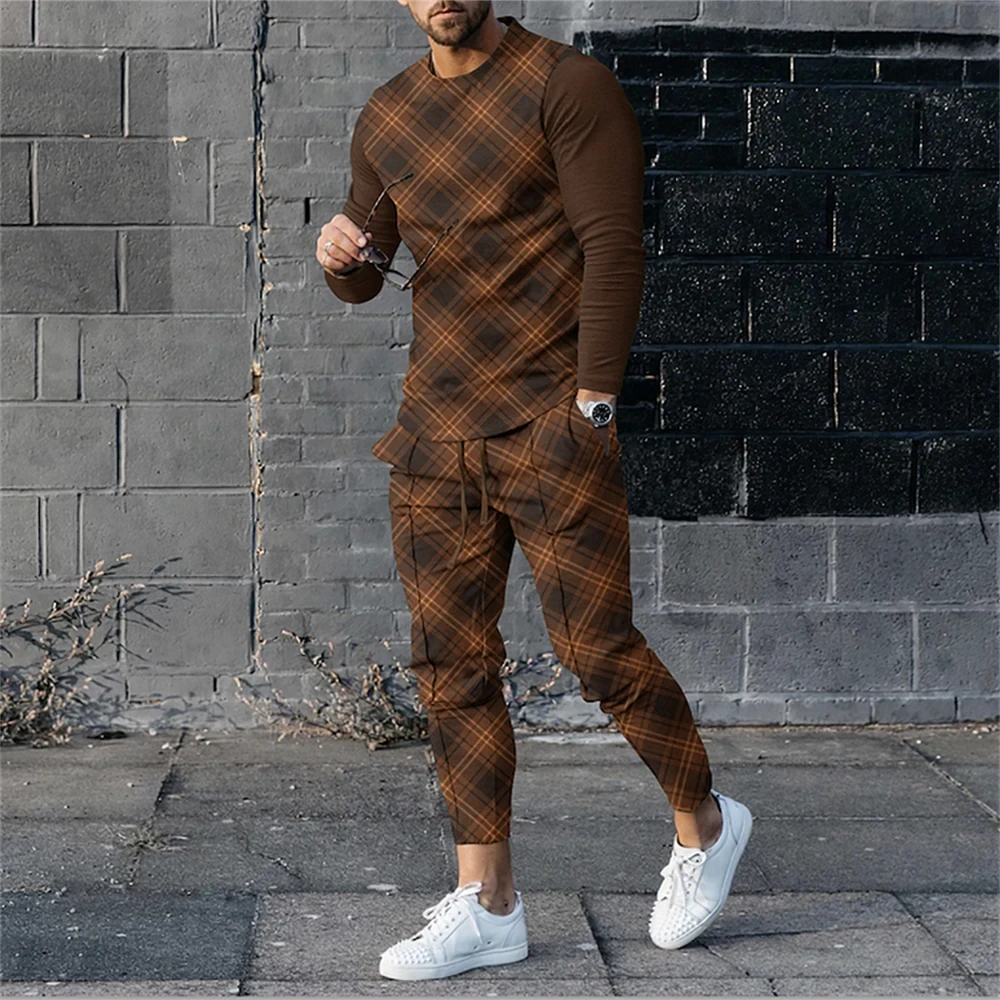 Plaid 3D Printing Long Sleeved Suit Men's Fashion Retro Jogging Sweatshirt Set Spring Fall Crew Neck Sweatshirt And Pants M-3XL