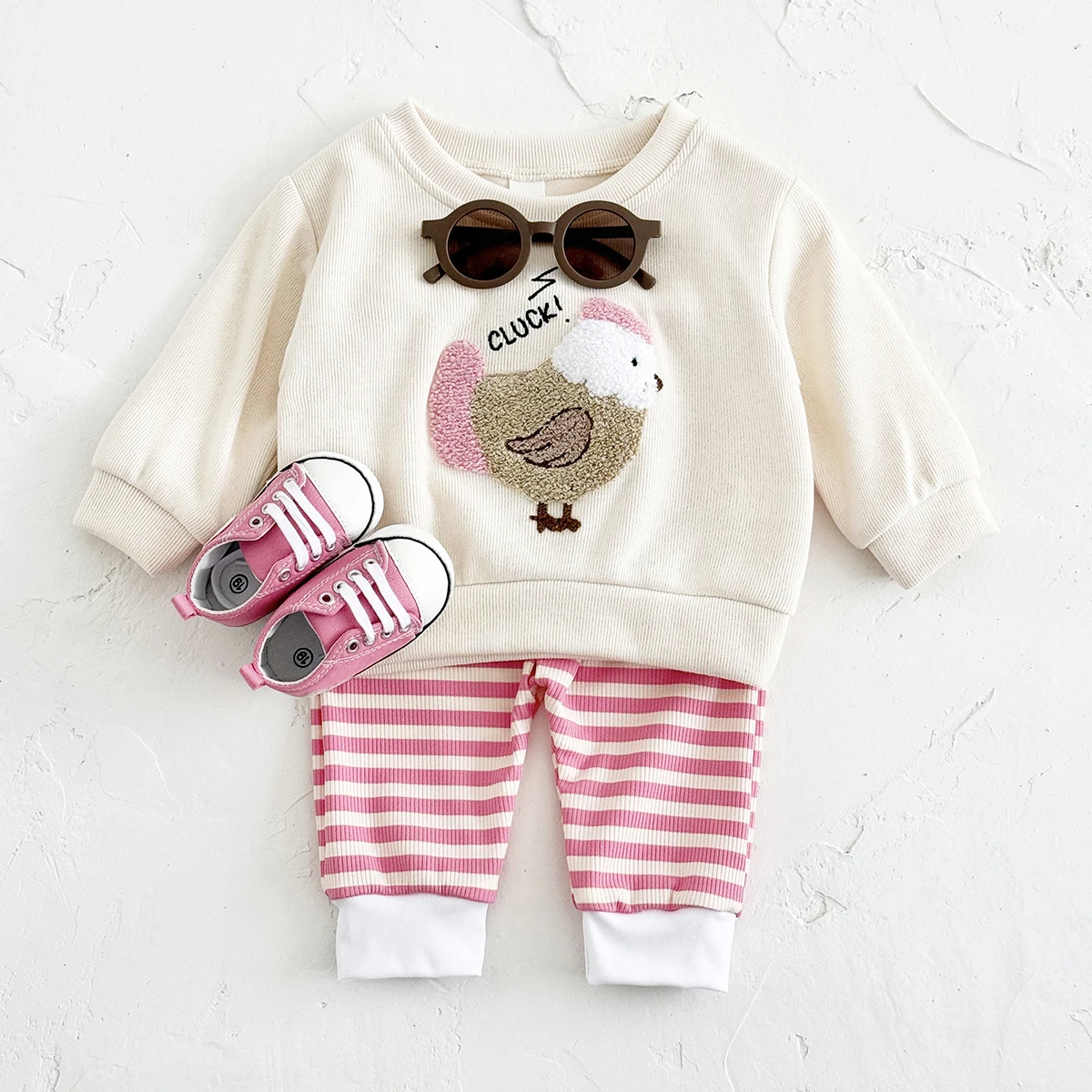 

New Baby Sets Girls Cute Chickens Patch Clothes Sweatshirt+Stripe Pants Baby Suit Outfit Sports 2Pcs