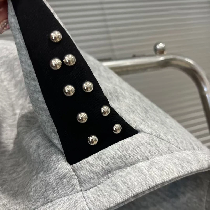 KBQ Solid Spliced Pearl Loose Causal Coats for Women Hooded Long Sleeve Patchwork Zipper Design Sense Chic Set Female Fashion