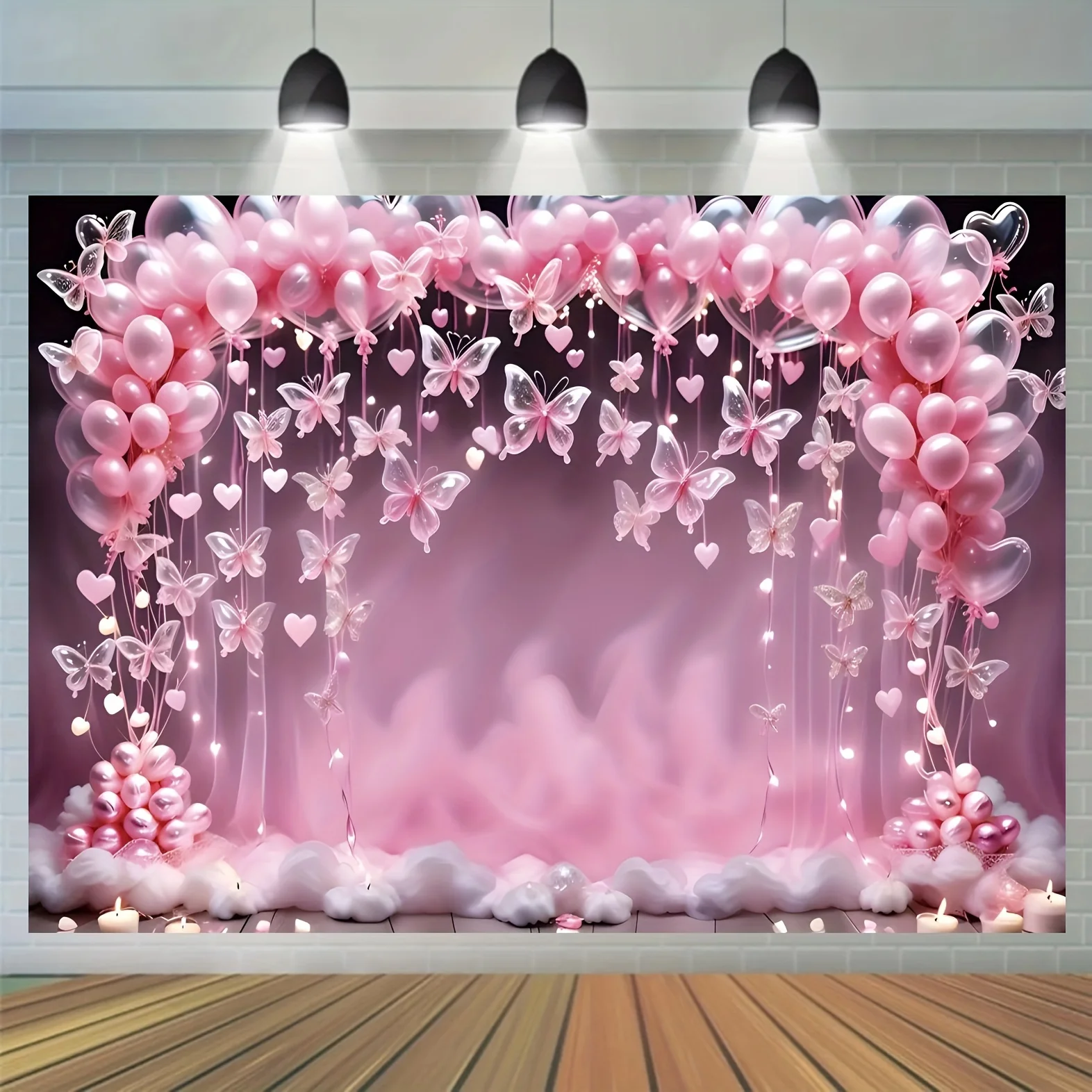 Pink Butterfly & Balloon Celebration Backdrop With Heart Lights & Clouds - Photography Prop For Birthdays & Special Occasions