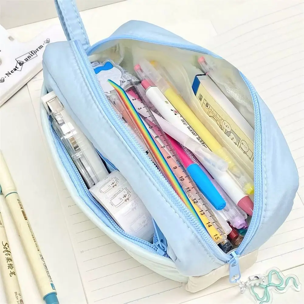 Portable 2-Layer Pencil Case Large Capacity Colors-block Pencil Pouch Zipper Stationery Organizer Students