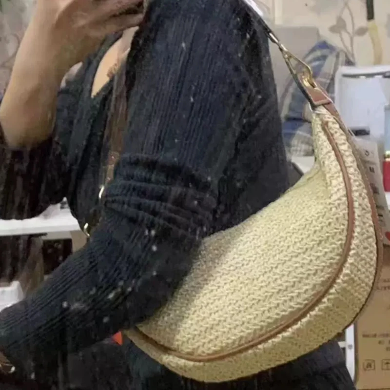 Bohemian Half Moon Beach Straw Bags For Women Luxury Designer Handbag And Purse 2024 New In Papyrus Weaving Wide Straps Shoulder