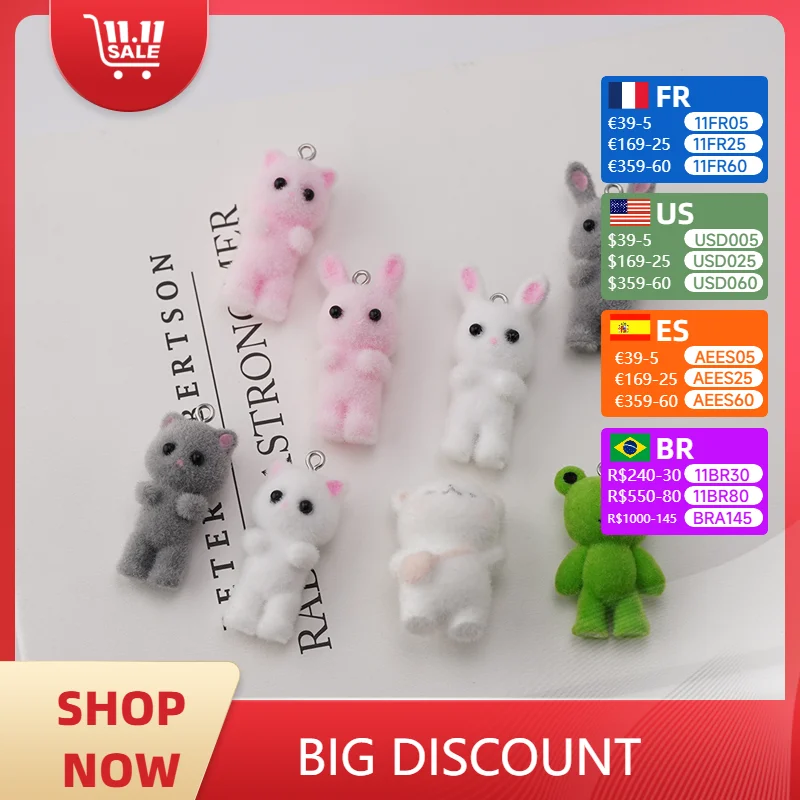 

30pcs 3D Flocking Animal cartoon Cat Rabbits Frog Backpack bear Charms for make DIY Crafts Jewelry Pendant Keychains fittings