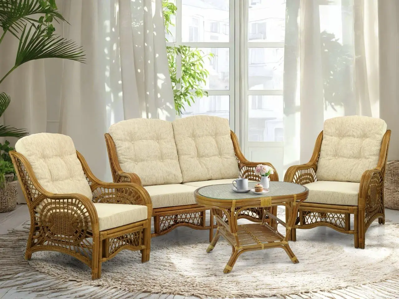 

Natural Rattan Wicker Lounge Set 4pc Chairs Loveseat Cushions Coffee Table Glass Handmade Patio Customized