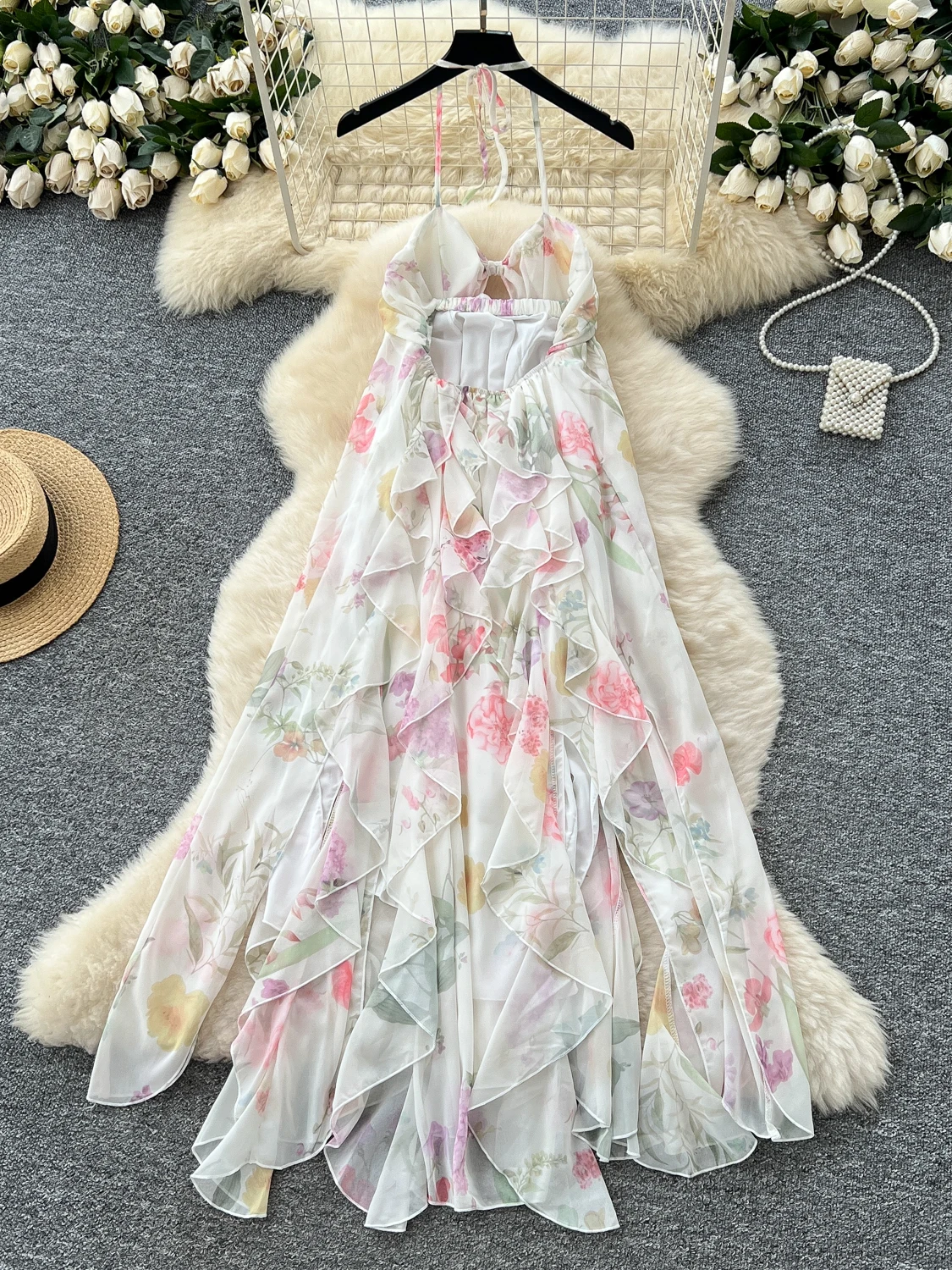 Romantisches Vaion Sle Blumendruck Maxi Dr Damen Sommerdesign Hängender Ne-Riemen Unregelmäßiger Saum A-Linie Dr