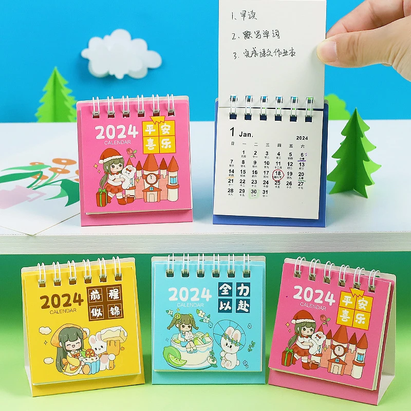 2024 Mini calendario da tavolo Cute Cartoon Girls Rabbits Desktop Note Multi Style Coil Calendar accessori per la scuola dell'ufficio
