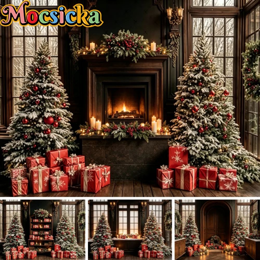 Vintage Christmas Fireplace Photography Backdrop Large Window Snow‑flocked Xmas Tree Red Gift Boxes Candle Garland Background