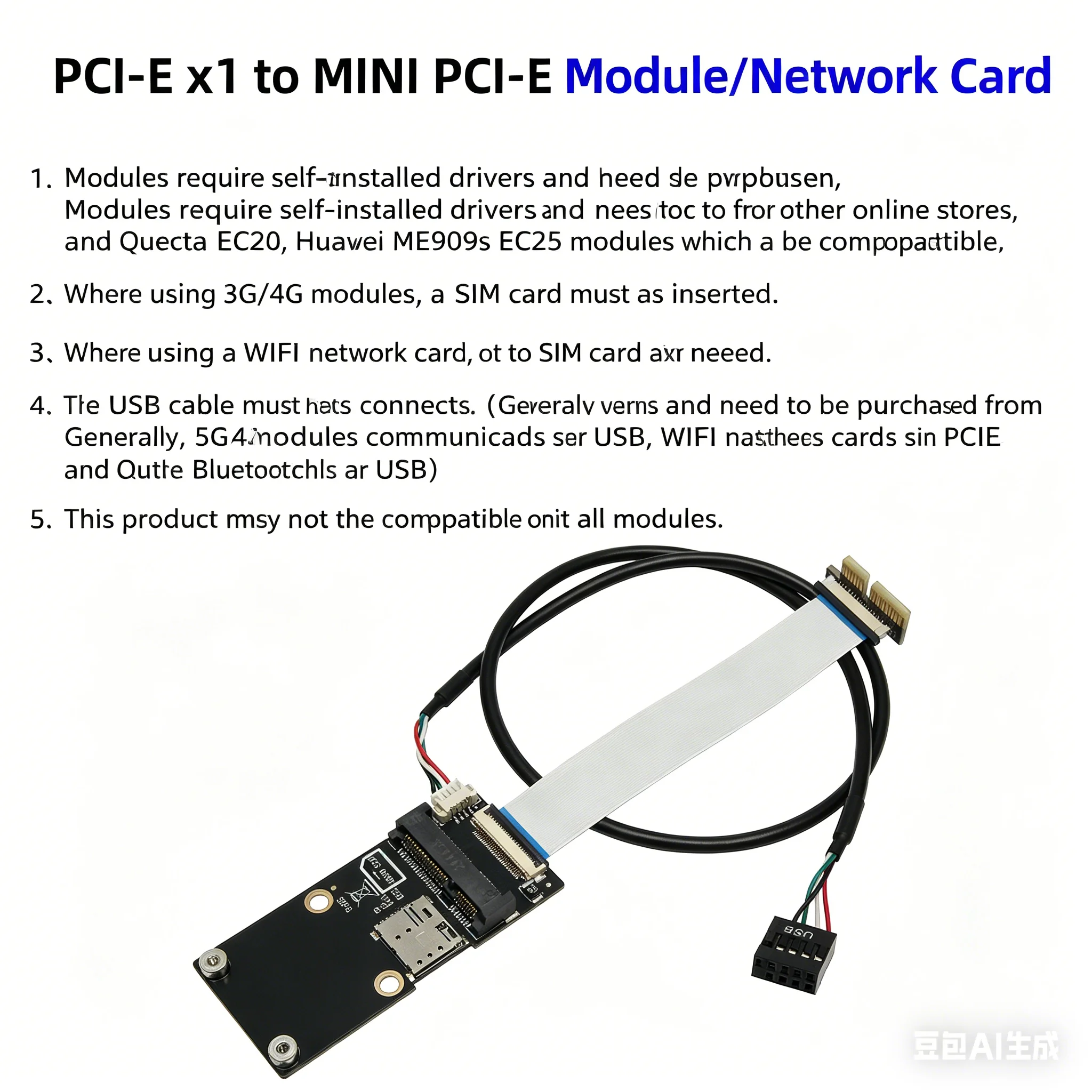 PCIe x1 to Mini PCI-E Module/Network Card Not Compatible With All Modules Support Mobile EC20 and Huawei ME909s-ec25 Modules