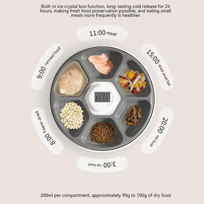 Automatic Pet Feeder 6 Compartment Timed Food Dispenser with Ice Box Anti Jam Foot High Value Device for Cats Dogs Timed