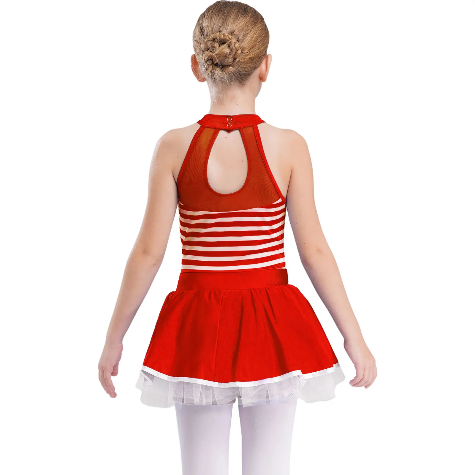 Kids Girls Ballet Tutu Dress Figure Skating Dance Gymnastics Costume Shiny Rhinestones Sleeveless Striped Sheer Mesh Leotards