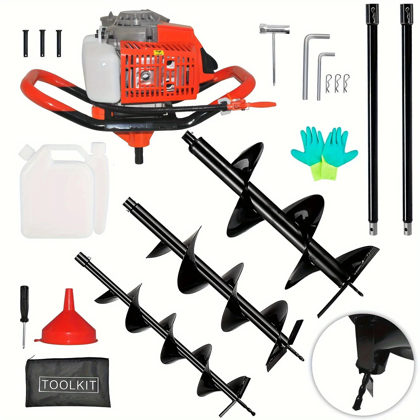 85cc Earth Auger Earth Digger, Auger Post Hole Digger With 2 Extension Rods + 3Auger DrillBits (4