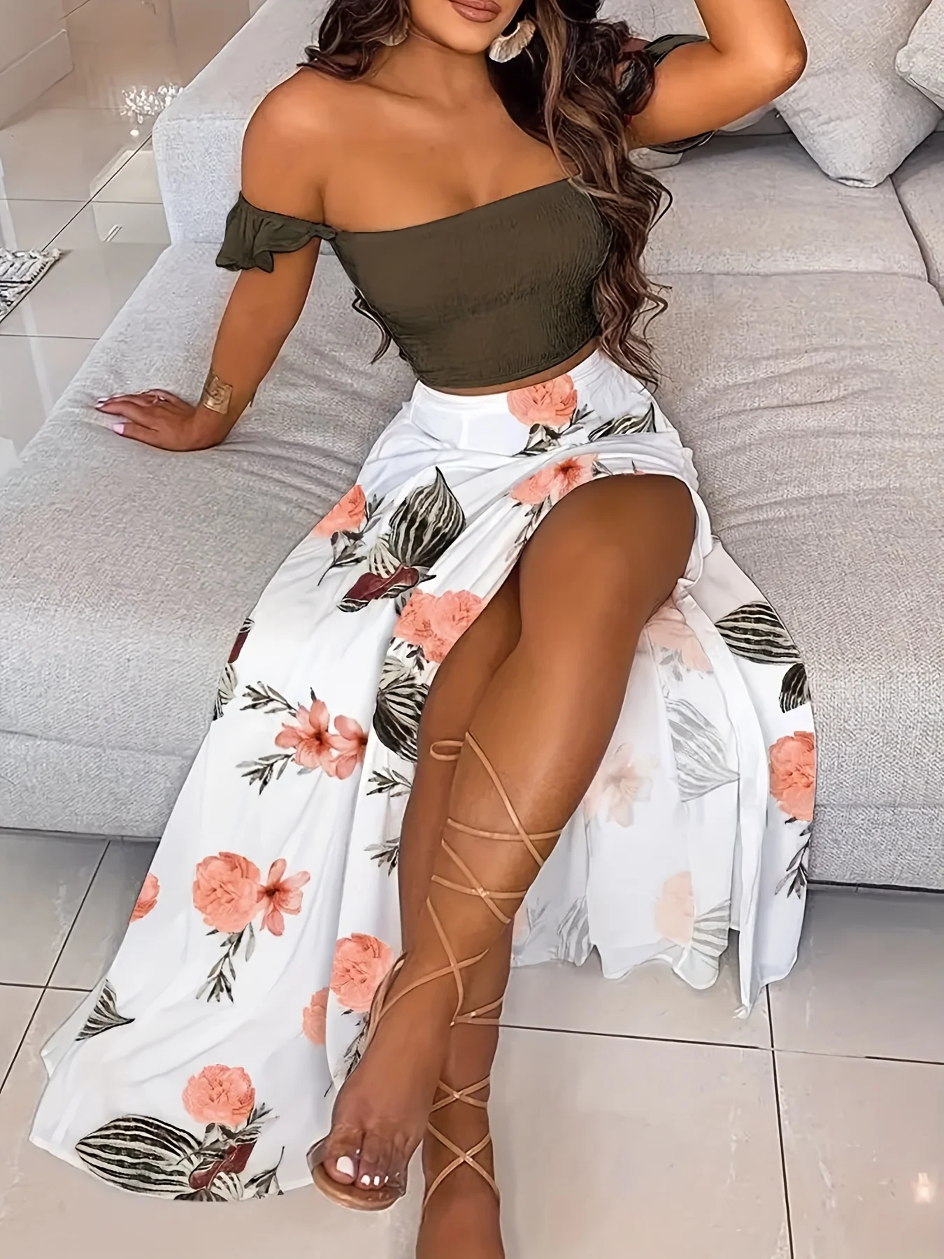 

Оливковый укороченный топ с открытыми плечами больших размеров и юбка с цветочным разрезом, женский летний наряд для вечеринки, бесплатная доставка