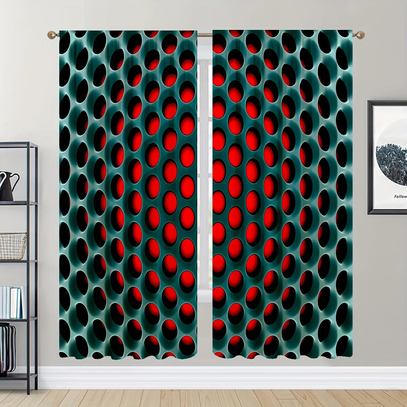 2pcs Stereoscopic Dense Holes Pattern Curtains, Rod Pocket Curtain Suitable For Kitchen Bedroom Study Cafe Living Room Home Deco