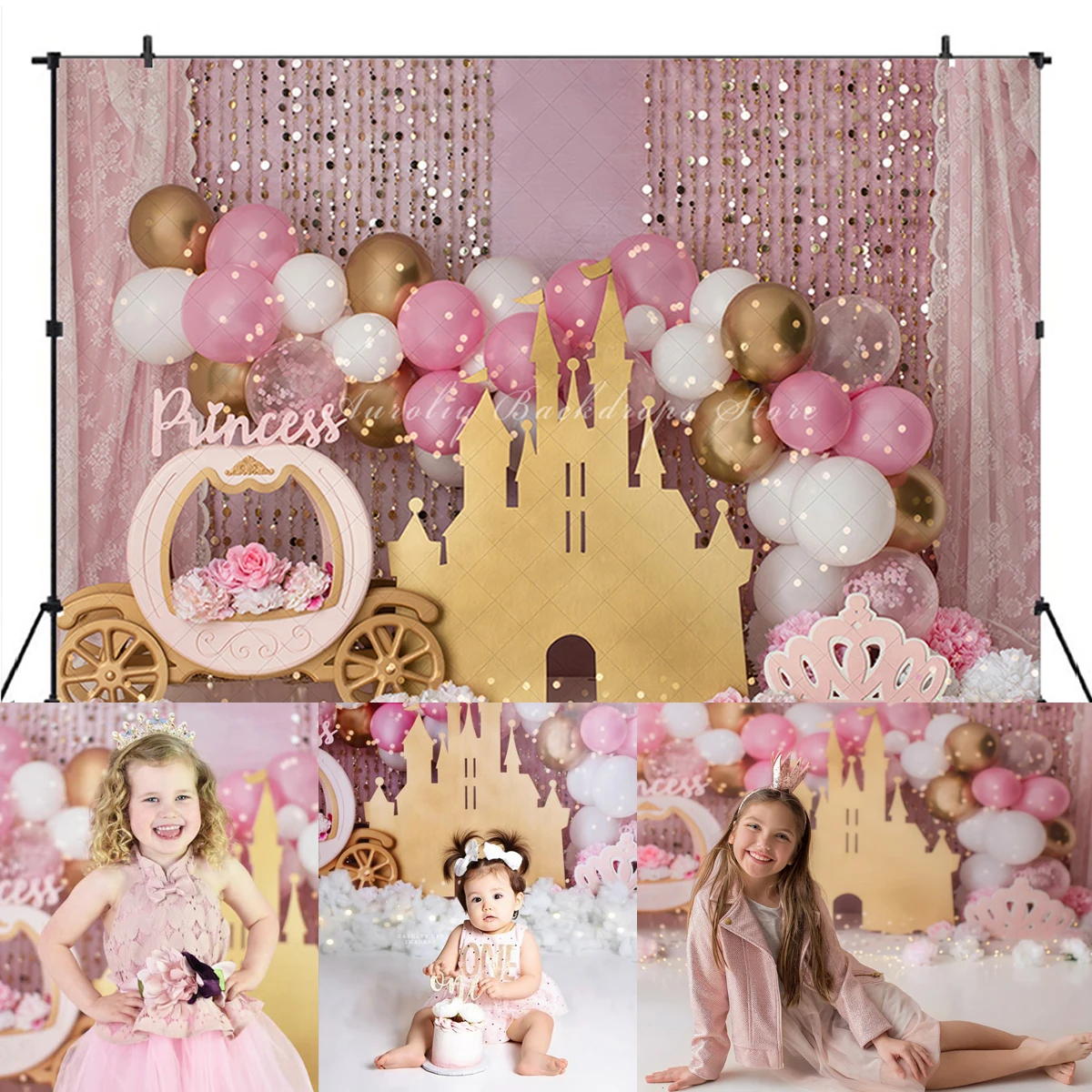 Dream Castle Shiny Curtain Backdrop Pink Kids Props Baby  Birthday Decors Balloons Child Girl Photography  Cake Smash Background