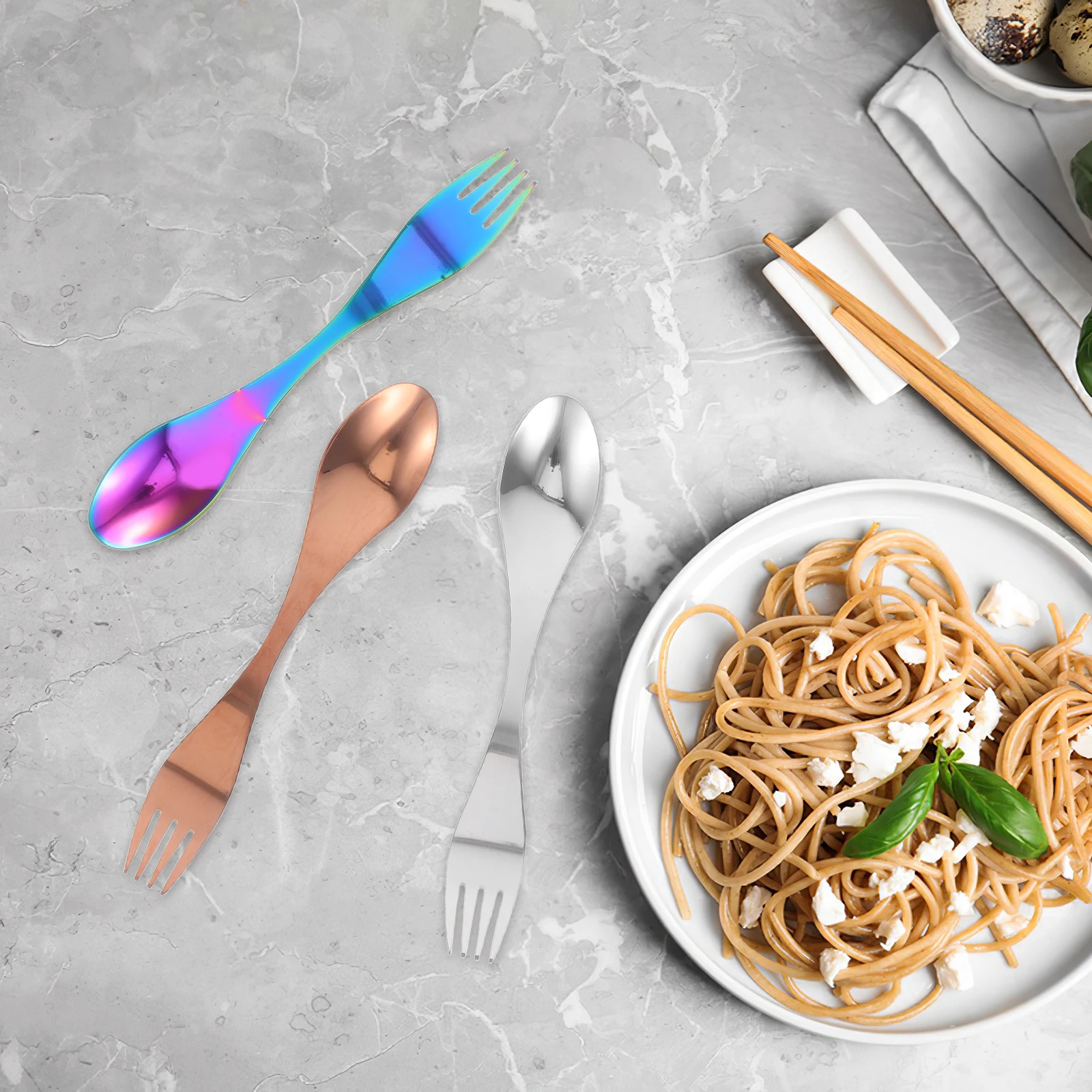 

5pcs Stainless Steel Spoon Fork Eco-friendly Travel Tableware Set Modern Spork Utensils Camping Outdoor Kitchen