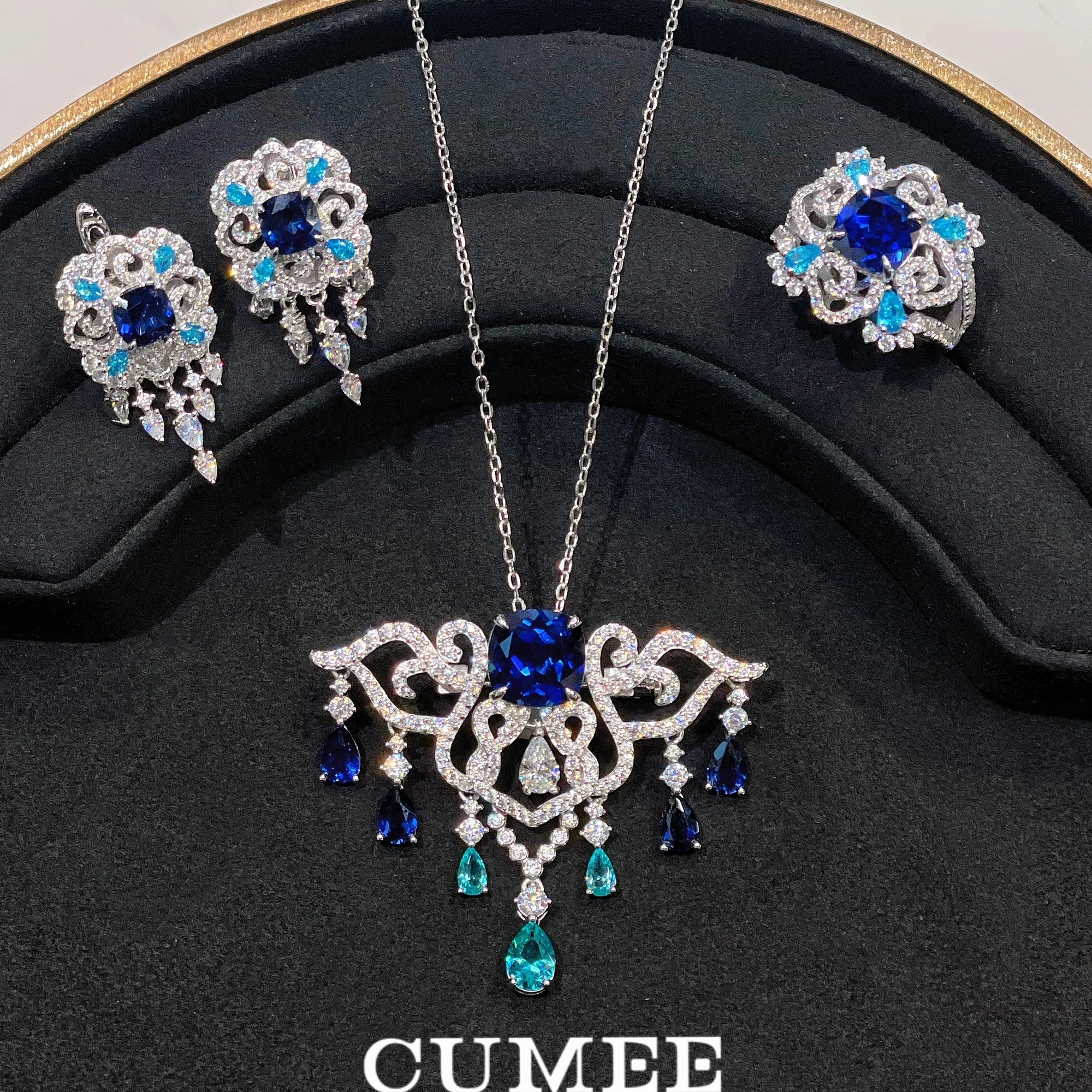 CUMEE New Chinese Style Original Design Cultivation Synthetic Gem Jewelry Set Necklace Earring Ring. 925 Silver Gold Plated