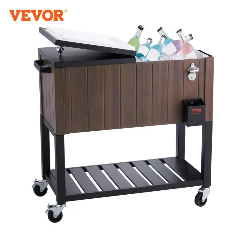 VEVOR 80QT Rolling Ice Chest Cooler Cart Portable Bar Drink Cooler Beverage Bar Stand Up Cooler for Patio Backyard Party Pool