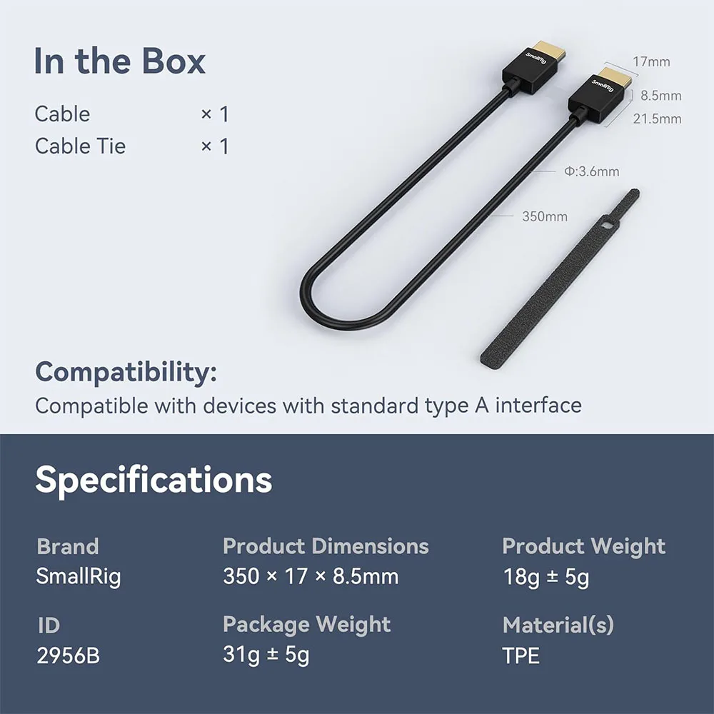 Smallrig Ultra Slanke 4K Kabel 35Cm/55Cm Poorten Voor Bmpcc 6K Dslr Camera/Monitor/Draadloze Video Zender & Ontvanger Kabel 2956b