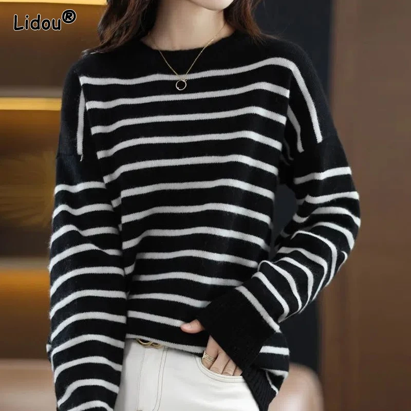 T-Shirts Thin Pullovers Striped Women\'s Clothing Loose Autumn Winterr Popularity Simple Casual Comfortable Round Neck Bottoming