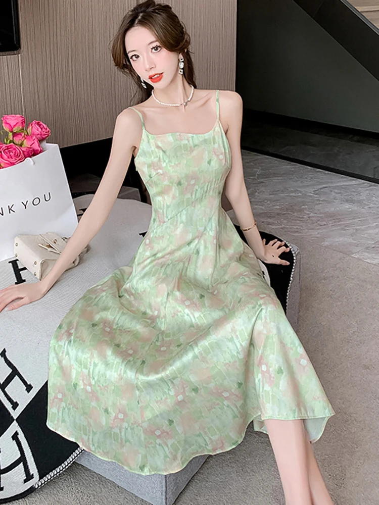 Women Green Floral Casual Beach Sundress Summer Fashion Elegant Sling Sexy Long Dress 2024 New Korean Luxury Dance Party Dress