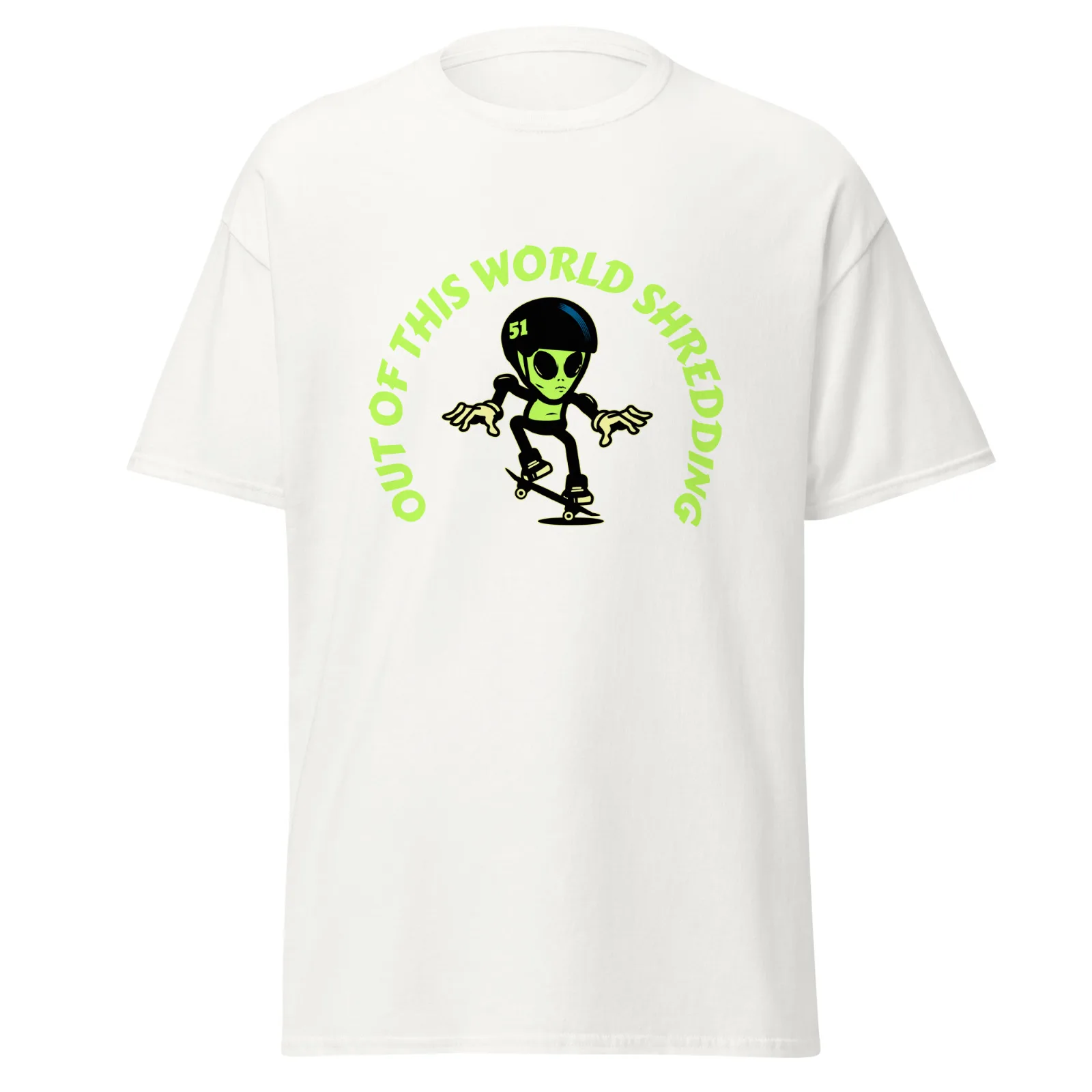 Out Of This World Shredding Mens Classic Tee Alien Skateboarding Graphic