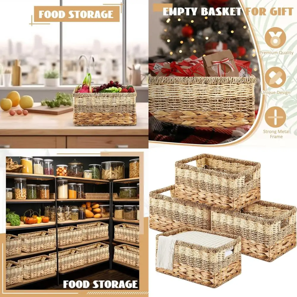 

Набор из 4 плетеных корзин из натуральной морской травы с ручками для организации дома, 12x8x6,3 дюйма