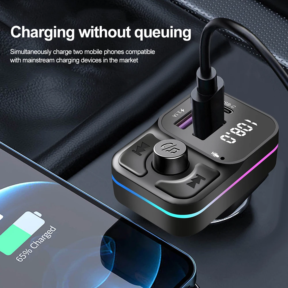 Bluetooth 5.0 Car Fm Transmitter 180 Degree Adjustment Head Dual Usb Ambient Player Mp3 Charger Type-C Wireless Light Handsfree