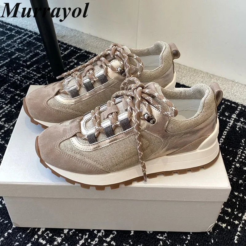 Sneakers Cotton Fabric Splicing Color Blocked Thick Sole Wear-Resistant Lace Up Tennis Shoes Women's Spring Autumn Casual Shoes