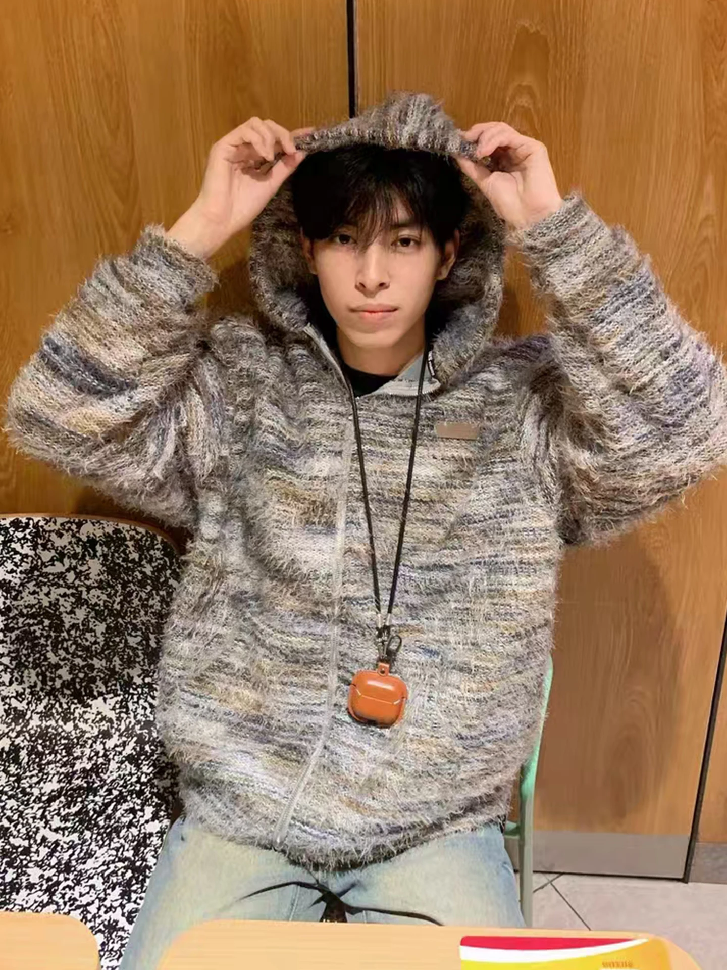 

Вязаная свободная толстовка на молнии, мужская осенне-зимняя повседневная полосатая свитер, пальто, тепло, удобное длинное свечение