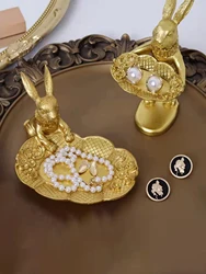 Cute Golden Bunny Figurine Jewelry Ring Tray Decorative Easter Rabbit Statue Resin Animal Sculpture Home Table Desk Ornament