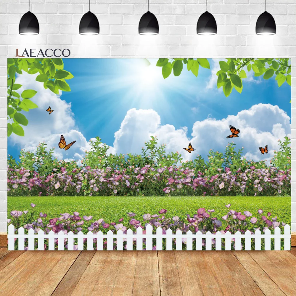 

Laeacco Spring Easter Garden Photography Backdrop Green Grass Lawn Pink Floral Butterfly Fence Girl Kids Portrait Background