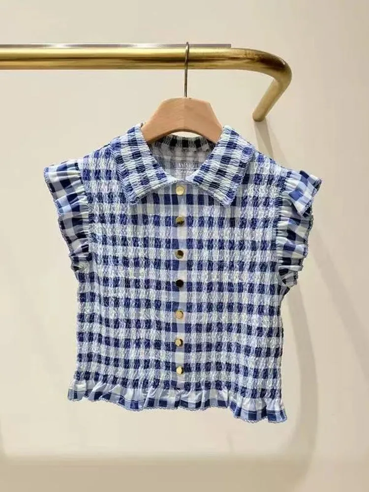 

Early Spring Blue Plaid Pleated Waist-Cinching Gored Sleeve Women's Shirt French Style Fit Polyester Long Sleeve Button Closure