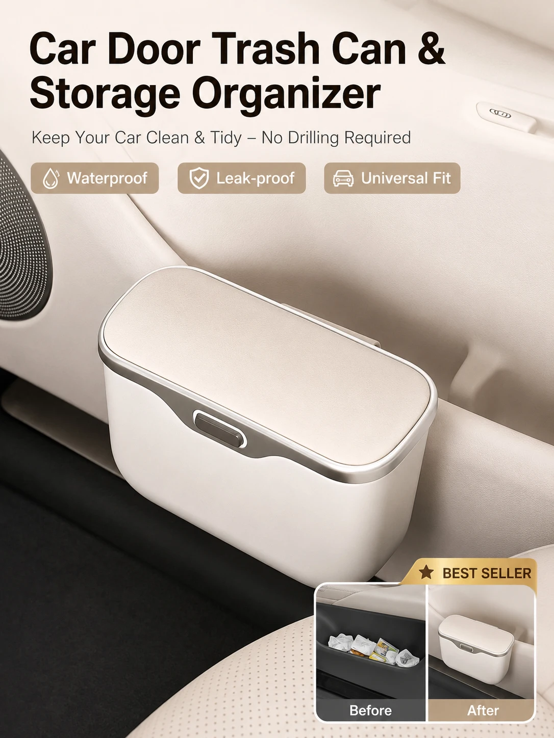 Car Door Trash Can with Lid, Waterproof Leakproof Auto Organizer, Snap-On Car Bin for Seat Back, Universal Vehicle Accessory