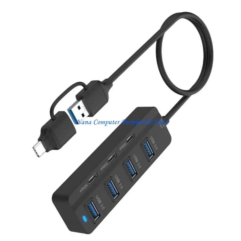 F68C 7 Port USB Hubs with LED Hot Swappable Design for Double USB A USB C Plugs High Speed Transfer