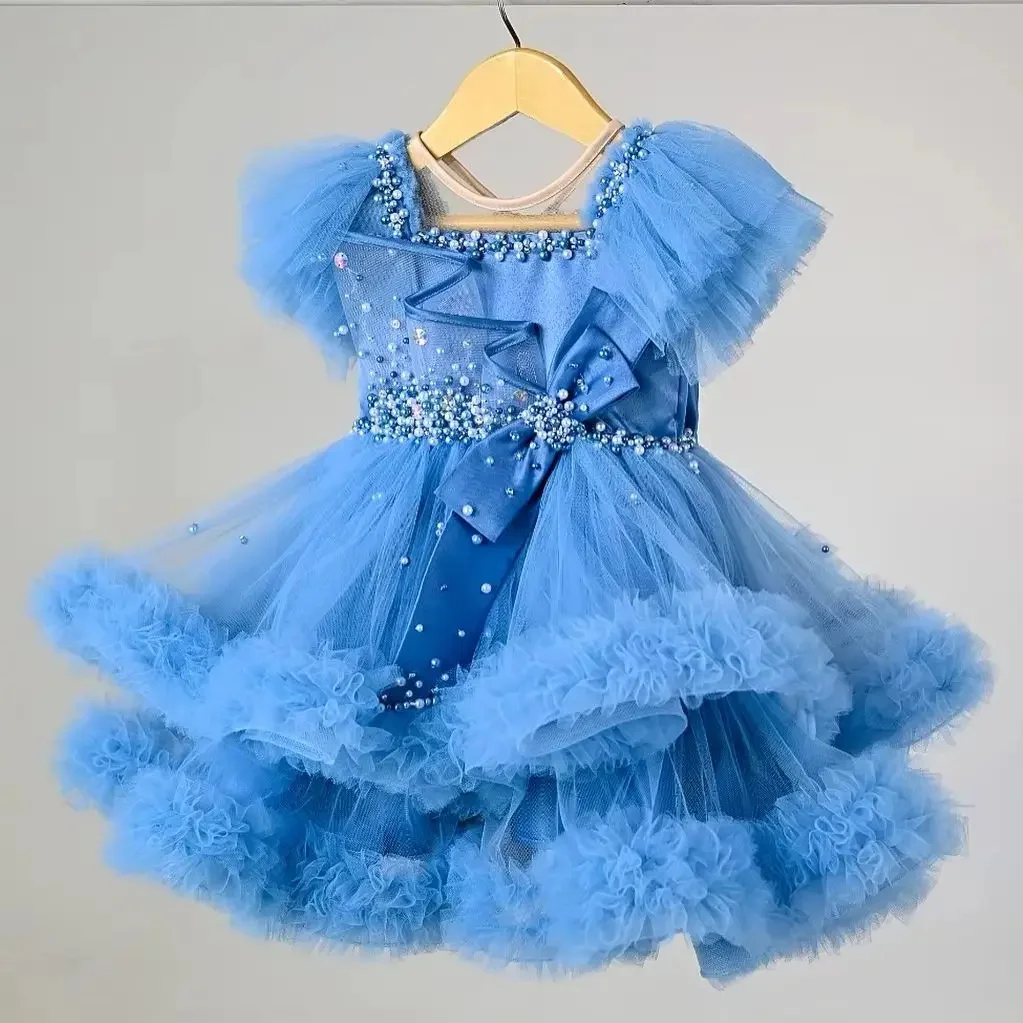 Customized Fuchsia Flower Girl Dresses For Wedding Pearls With Bow Knee Length Kids Birthday Party First Communion Ball Gown