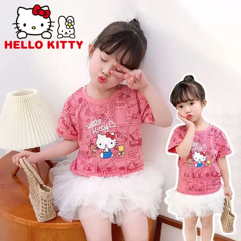 Sanrio Hello Kitty Child T-shirts Cartoon Anime Girls Summer Short Sleeves Kids Top Infant Outfit Casual Breathable Kid Clothes