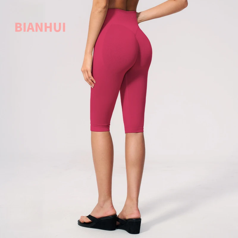 Seamless Ribbed Yoga Mid Length Pants Tummy High Waist Capris Gym Workout Leggings Outdoor Fitness Sports Running Tights