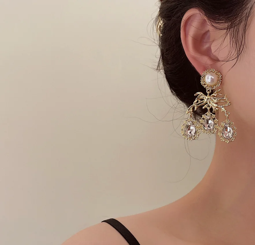 2022 new S925 silver needle gold branch pendant Vintage Baroque Pearl Earrings for women Fashion Jewelry