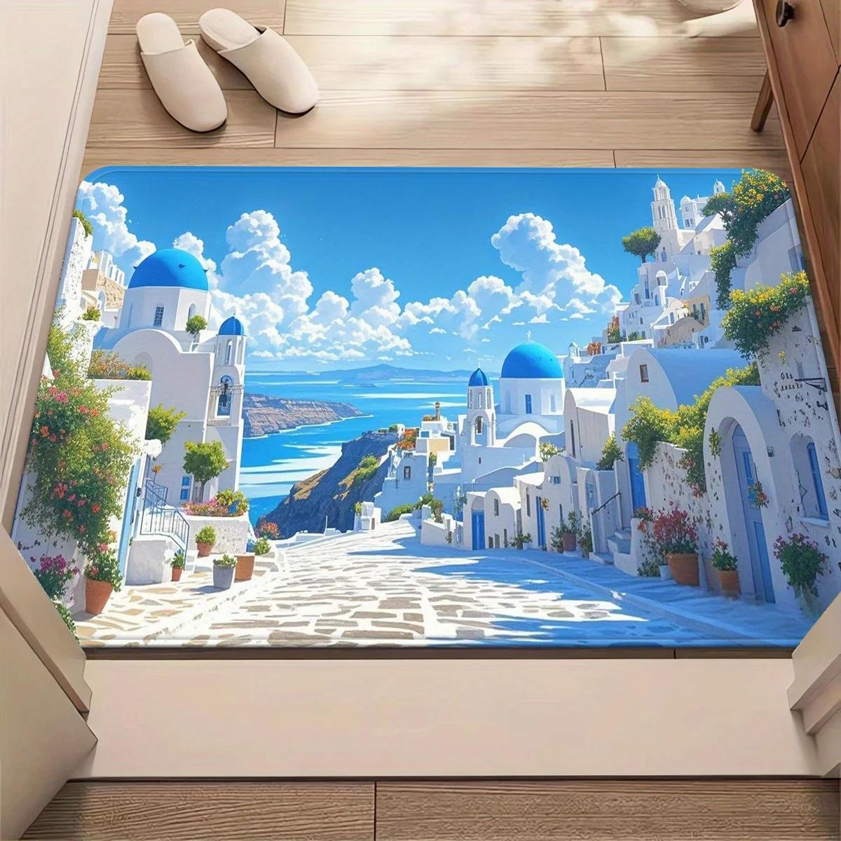 VIKAMA Santorini Scenery Entryway Rug Greek Blue Dome Building Ocean View Floral Print Non‑slip Washable Indoor Doormat Rug