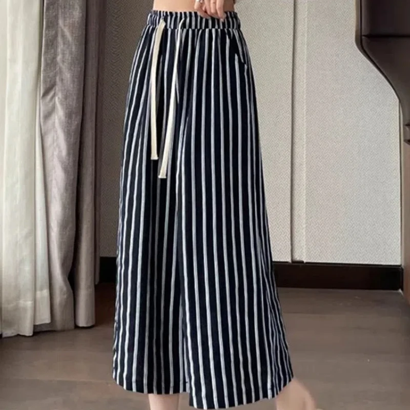 Ice Striped Wide Leg Women\'s 2024 Summer New Spliced Elasticized High-waisted Casual Eight Quarter Straight Leg Sports Pants