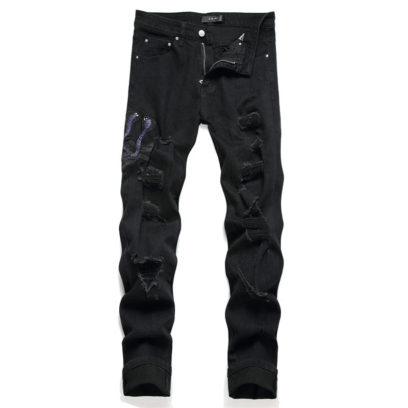 

Black Fashion Men's Jeans Cobra Embroidery Ripped Beggar Pants Autumn Hip Hop Mid-Waist Stretch Casual Pants